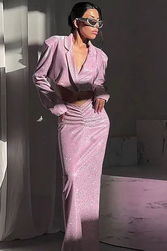 Sparkly Padded Crop Blazer Ruched Drop Waist Maxi Two Piece Dress - Pink