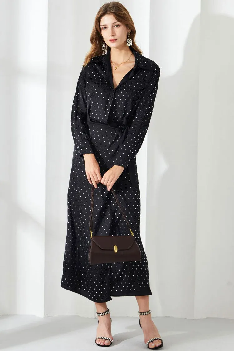 Sparkly Rhinestone Dotted Collared Long Sleeve Belted Shirt Midi Dress - Black