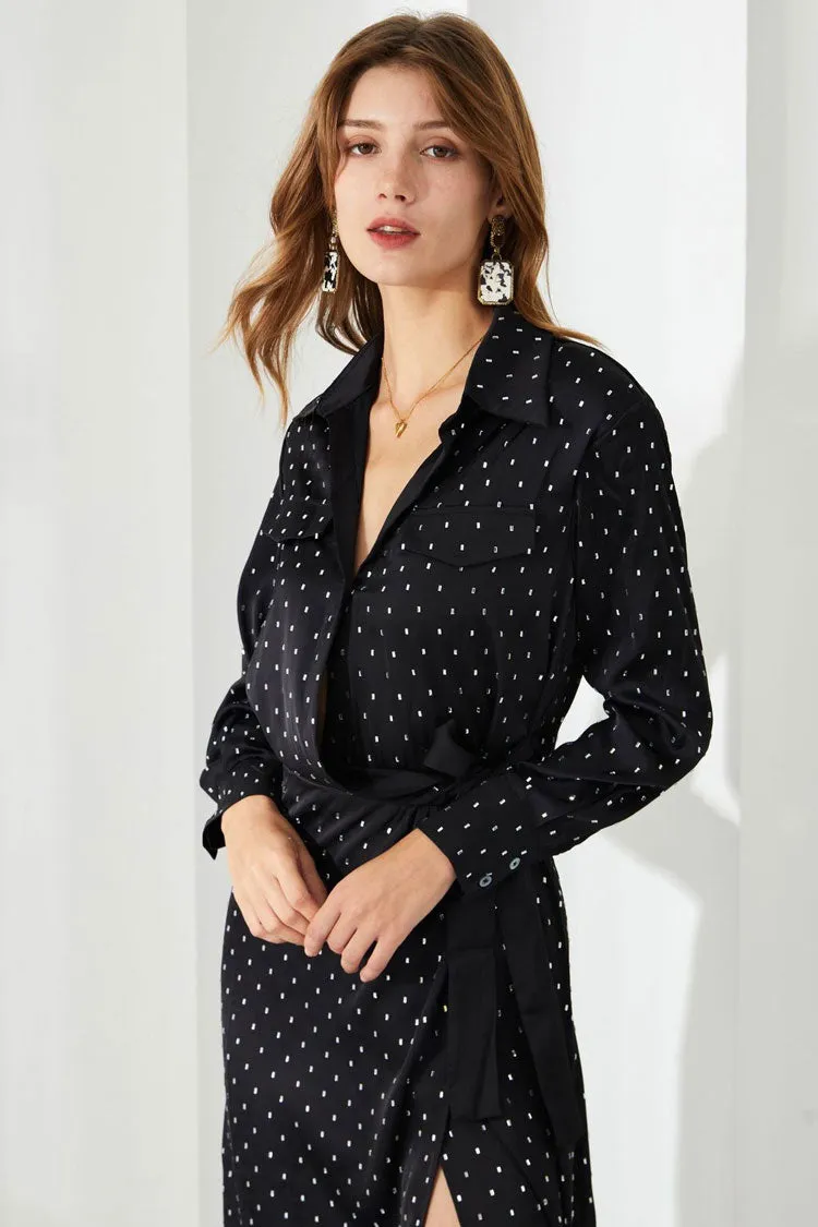 Sparkly Rhinestone Dotted Collared Long Sleeve Belted Shirt Midi Dress - Black