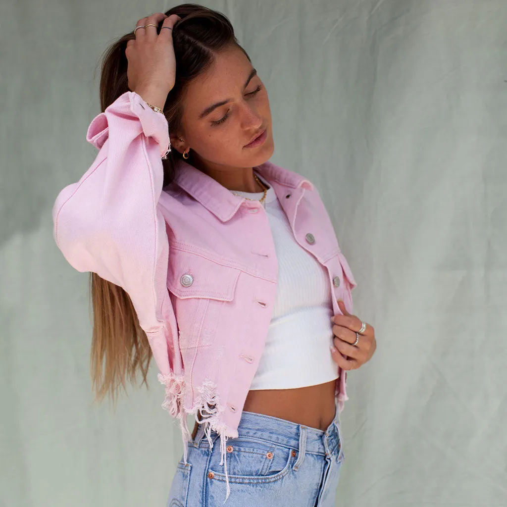 Street Long Sleeve Button Up Frayed Crop Denim Jacket - Pink