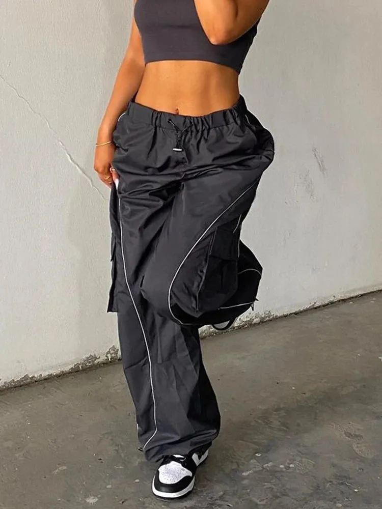 Streetwear Stripe Patchwork Drawstring Baggy Trousers High Waist Casual Loose Pockets Women's Pants Track Sweatpants