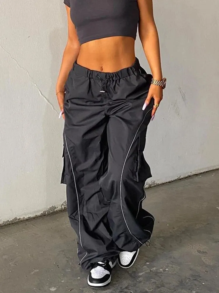 Streetwear Stripe Patchwork Drawstring Baggy Trousers High Waist Casual Loose Pockets Women's Pants Track Sweatpants