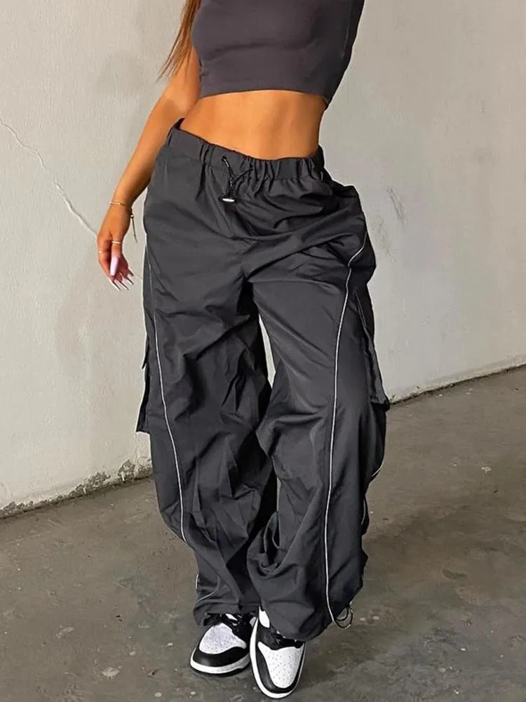 Streetwear Stripe Patchwork Drawstring Baggy Trousers High Waist Casual Loose Pockets Women's Pants Track Sweatpants