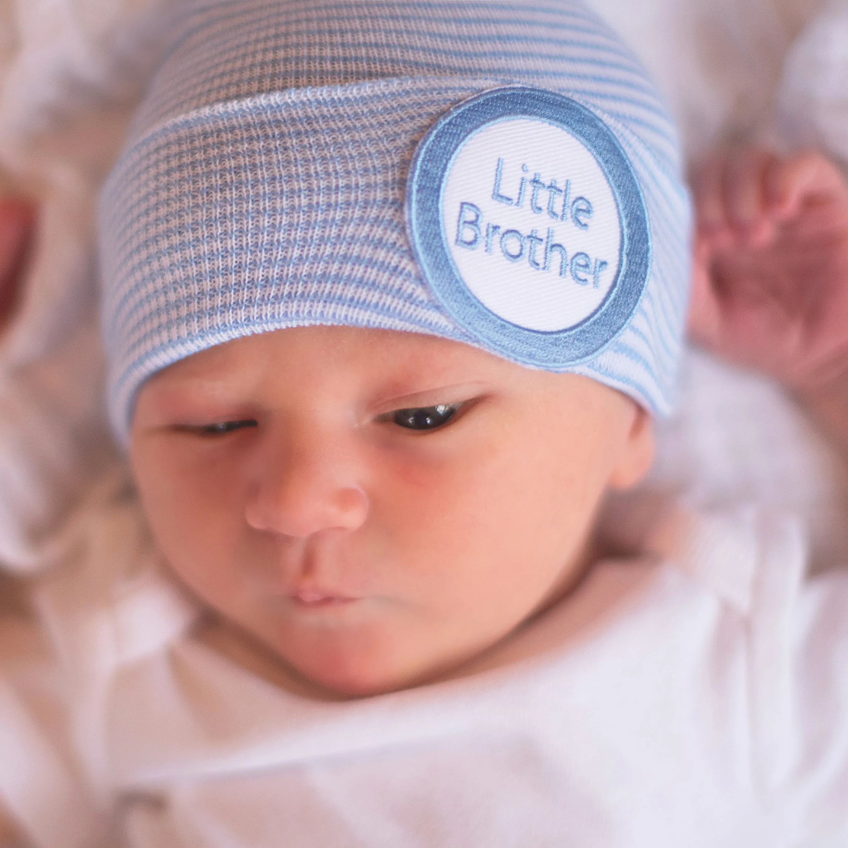 Striped Blue and White Little Brother Newborn Boy Hospital Beanie Hat Infant Hat Newborn Hat