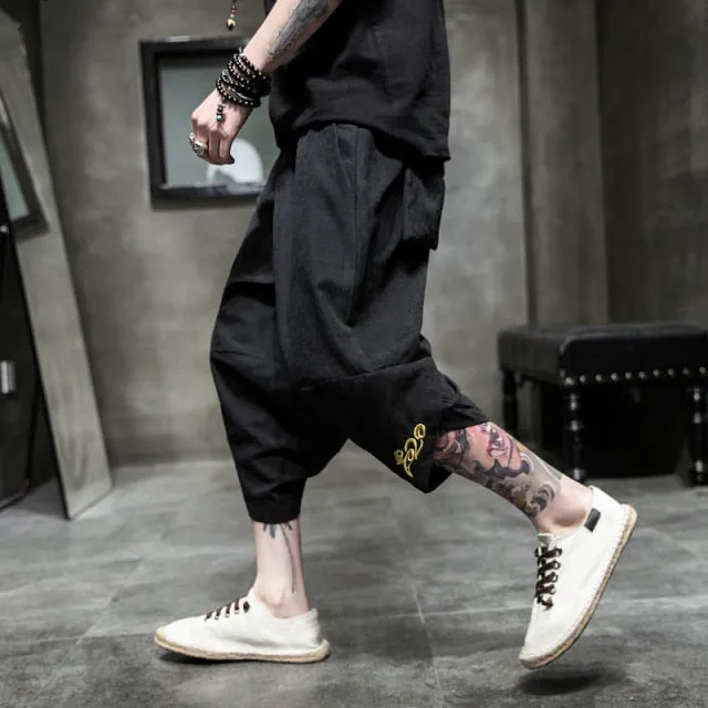 Summer harajuku harem pants men calf-length wide leg trousers streetwear casual sweatpants vintage cotton men's pants