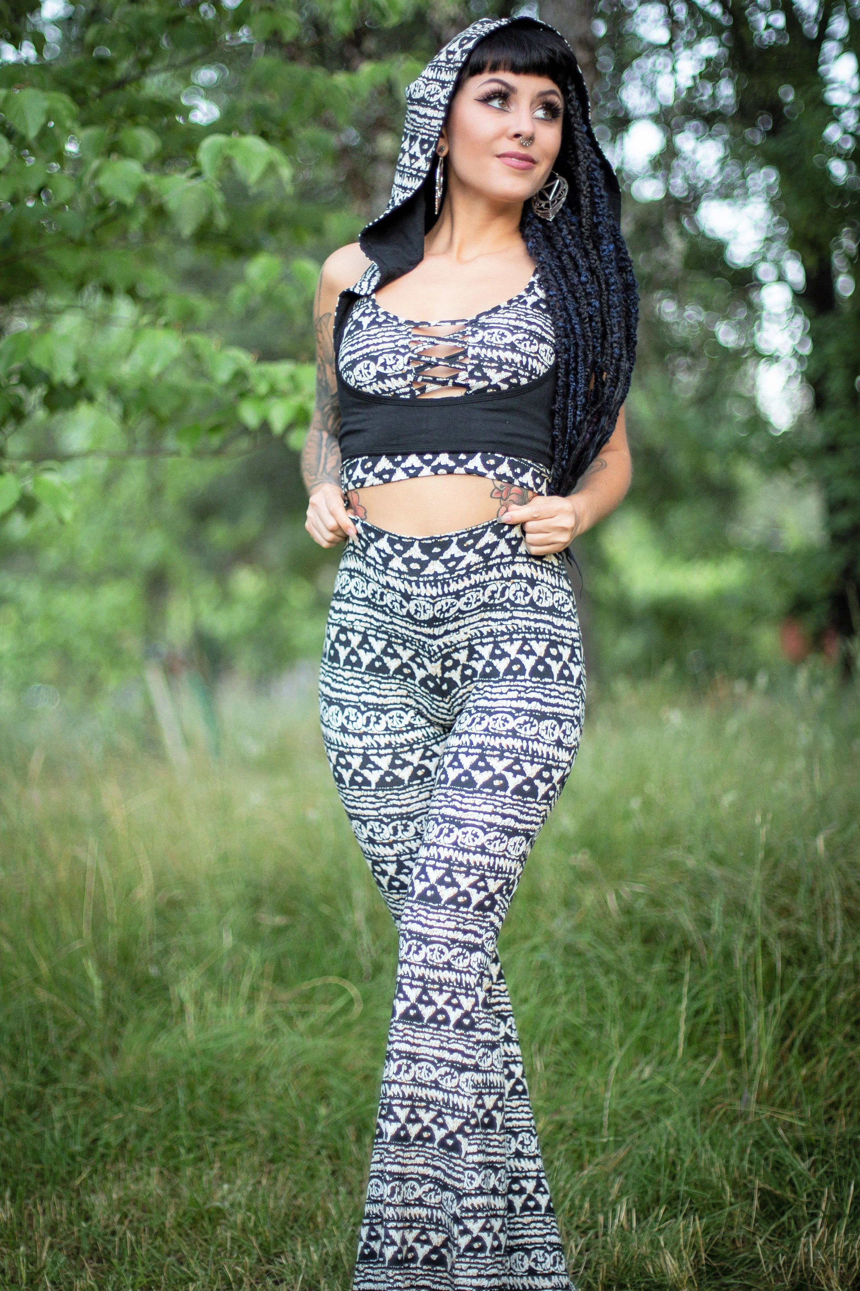 Sutra Underbust Hooded Top Set - Black and Cream Tribal