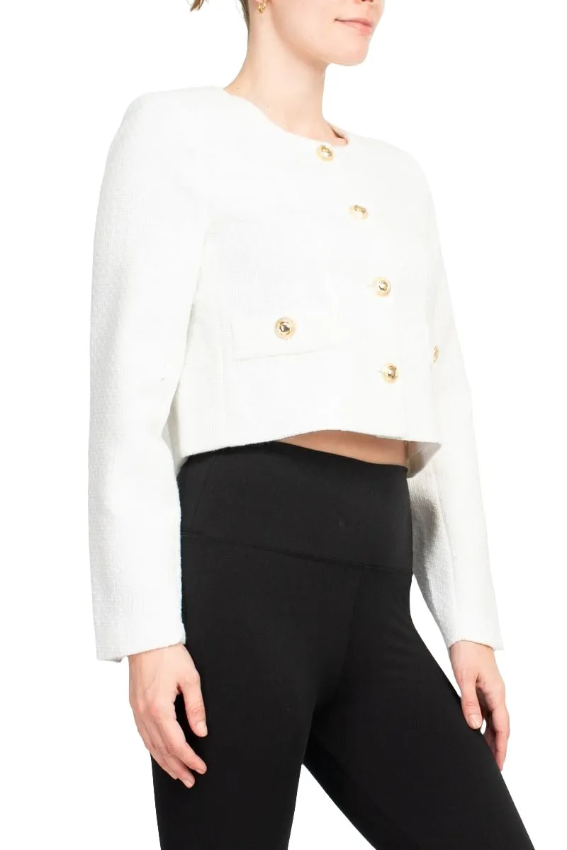 T Tahari Longsleeve collarless round neck button down cropped weed jacket with front faux pockets bl