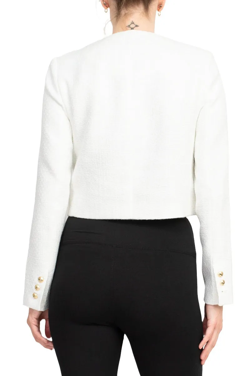 T Tahari Longsleeve collarless round neck button down cropped weed jacket with front faux pockets bl