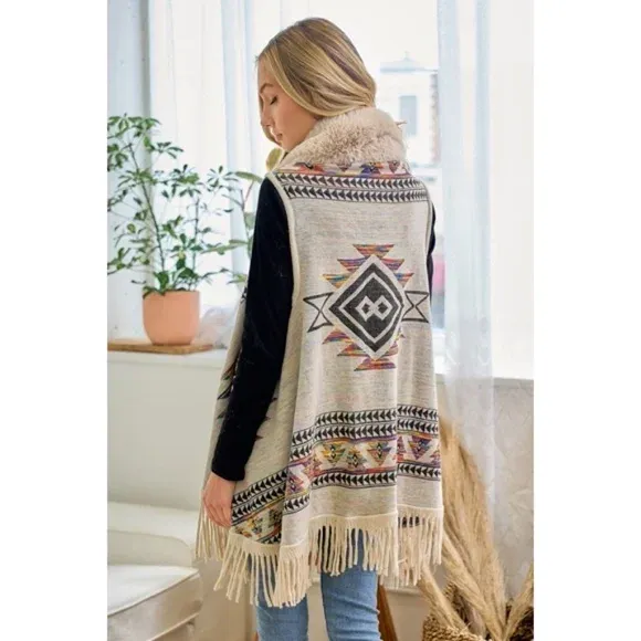 Taupe Multi Color Faux Fur Trim Sleeveless Knit Western Boho Cardigan Vest