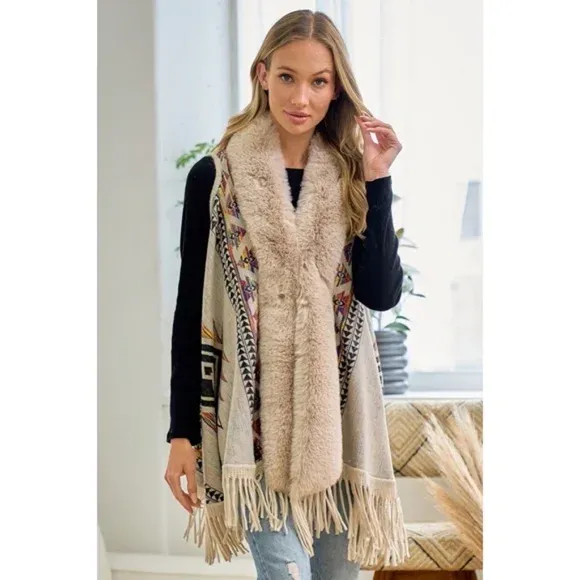 Taupe Multi Color Faux Fur Trim Sleeveless Knit Western Boho Cardigan Vest