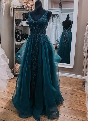 Teal Blue Tulle V-neckline Long Party Dress with Lace, Teal Blue Long Prom Dress