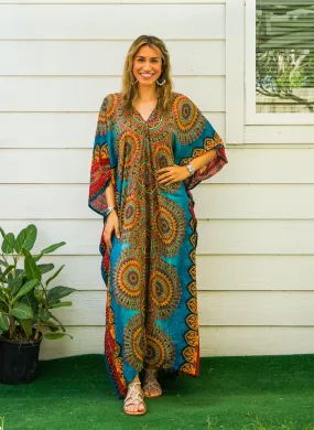 Teal Floral Mandala Boho Kaftan