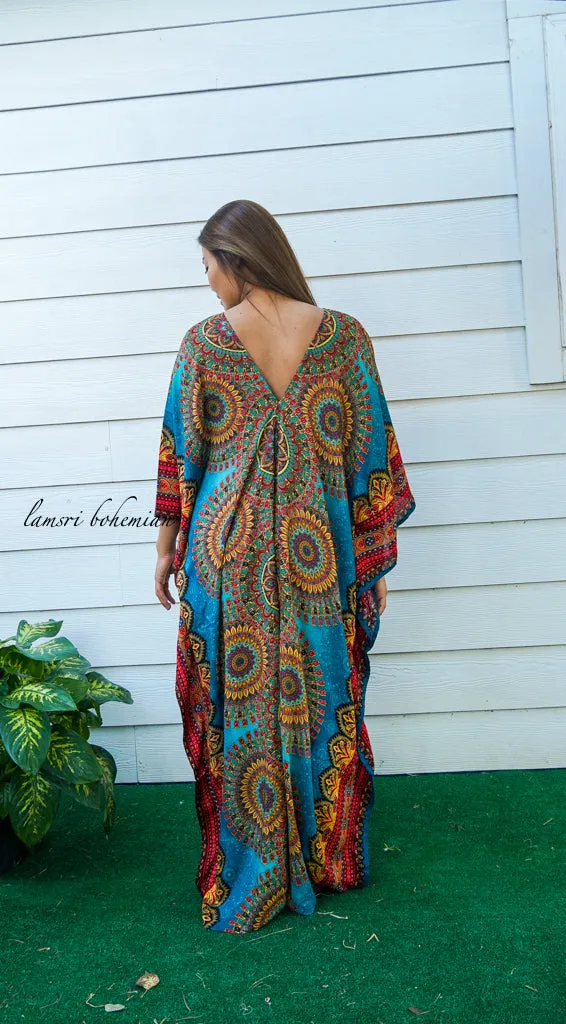 Teal Floral Mandala Boho Kaftan