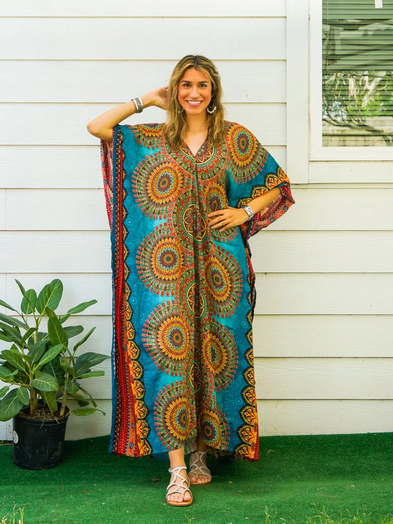 Teal Floral Mandala Boho Kaftan