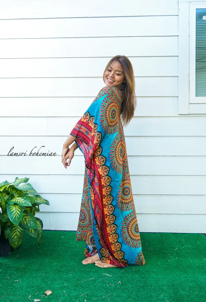 Teal Floral Mandala Boho Kaftan