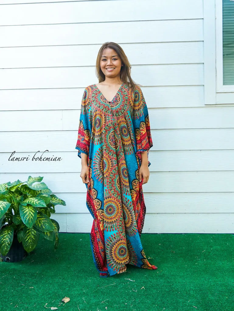 Teal Floral Mandala Boho Kaftan