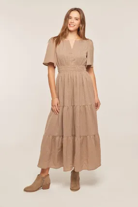 The Demi Printed Tiered Midi Dress in Pale Brown