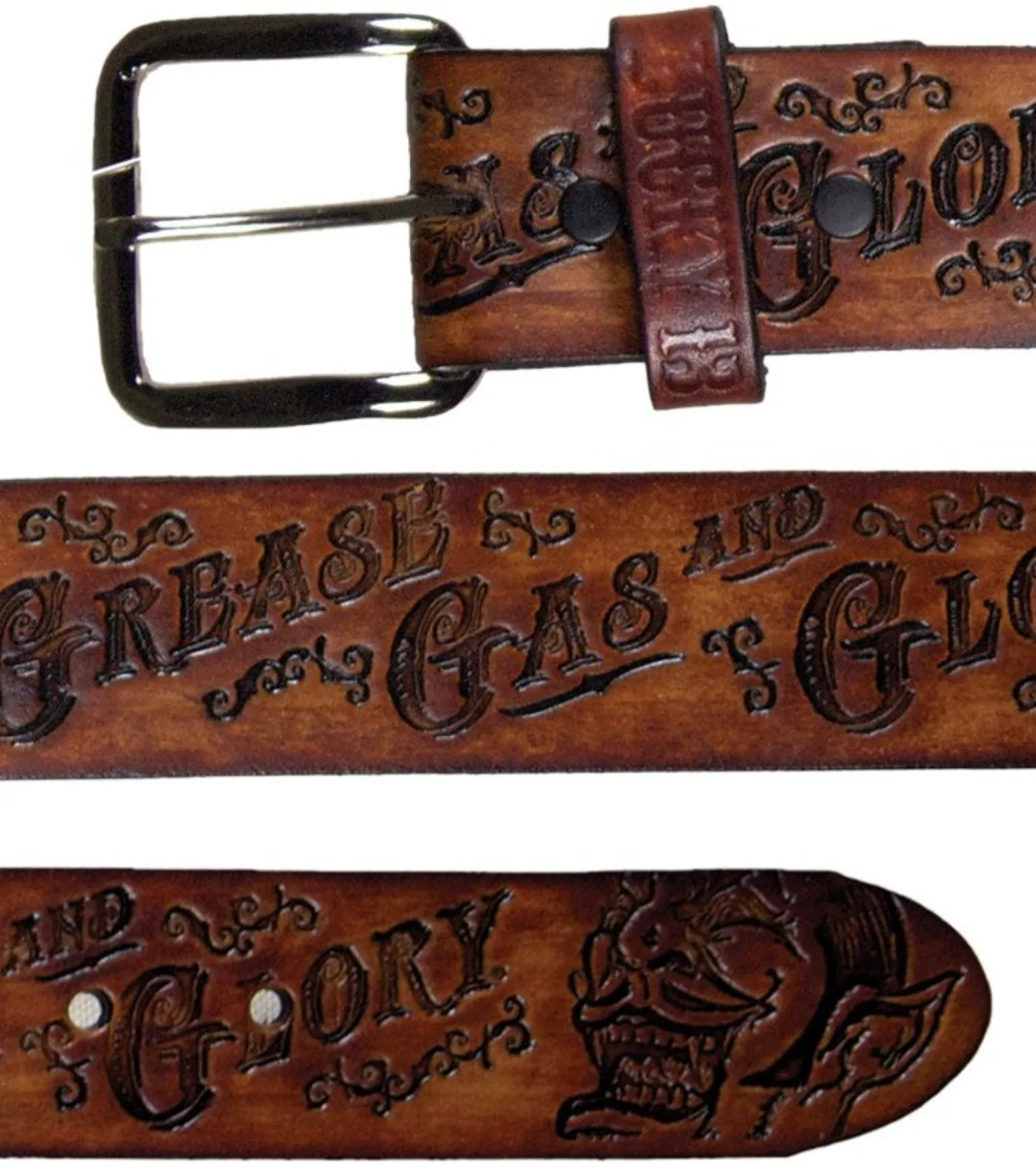 The GREASE, GAS & GLORY Embossed Leather Belt - ANTIQUED BROWN