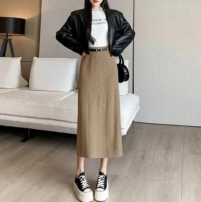 Toleet 2000s fashion Knitted Skirt for Women Autumn and Winter New High-Grade Elastic Belt Belt Draping Pit Straight Skirt One-Step Skirt