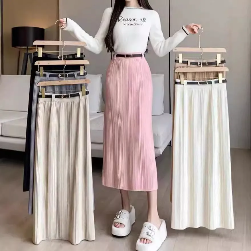 Toleet 2000s fashion Knitted Skirt for Women Autumn and Winter New High-Grade Elastic Belt Belt Draping Pit Straight Skirt One-Step Skirt