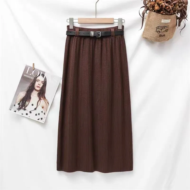 Toleet 2000s fashion Knitted Skirt for Women Autumn and Winter New High-Grade Elastic Belt Belt Draping Pit Straight Skirt One-Step Skirt