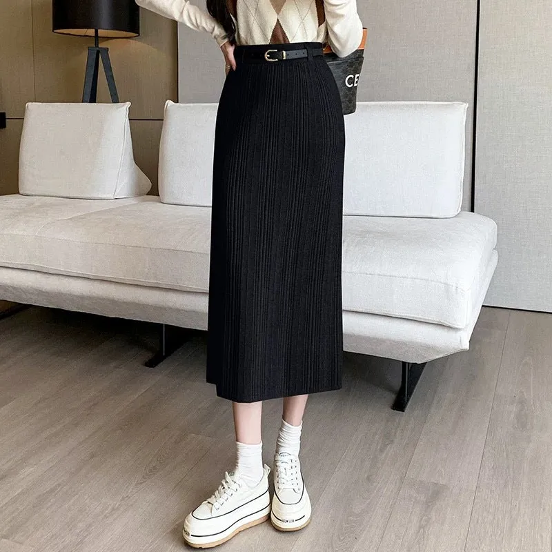 Toleet 2000s fashion Knitted Skirt for Women Autumn and Winter New High-Grade Elastic Belt Belt Draping Pit Straight Skirt One-Step Skirt