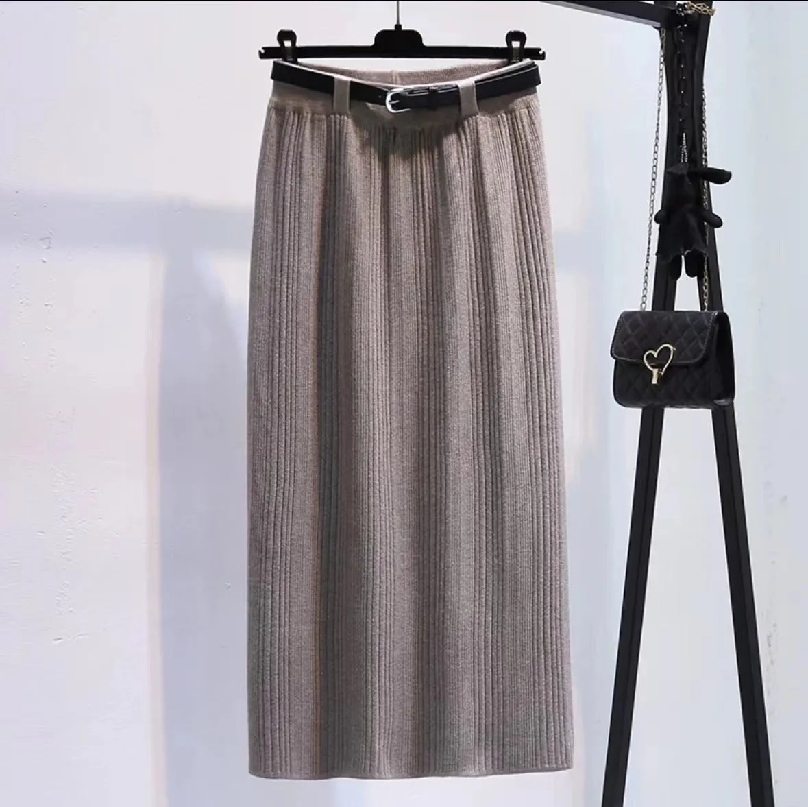 Toleet 2000s fashion Knitted Skirt for Women Autumn and Winter New High-Grade Elastic Belt Belt Draping Pit Straight Skirt One-Step Skirt