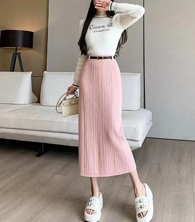 Toleet 2000s fashion Knitted Skirt for Women Autumn and Winter New High-Grade Elastic Belt Belt Draping Pit Straight Skirt One-Step Skirt