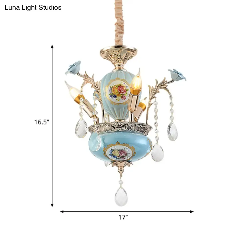 Traditional 2-Layer Blue Ceramic Chandelier - 3-Light Pendant Lamp for Corridor Ceiling