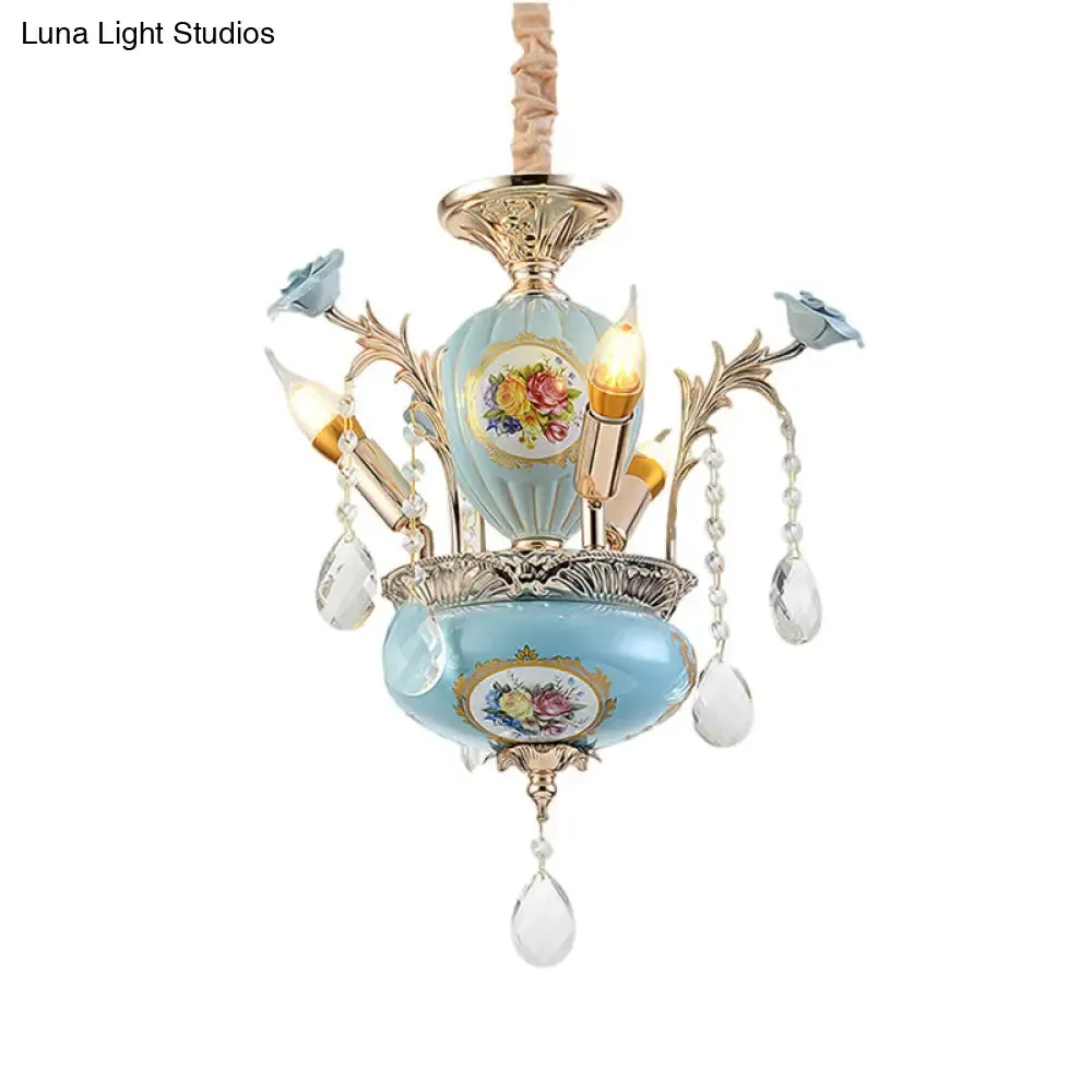 Traditional 2-Layer Blue Ceramic Chandelier - 3-Light Pendant Lamp for Corridor Ceiling