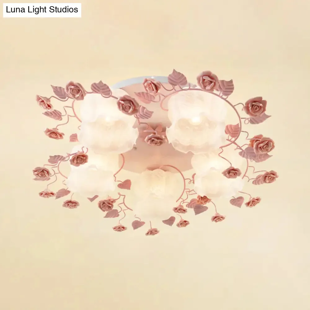 Traditional Floral Glass Ceiling Fixture with Flush Mount for Living Room, 3/5 Bulbs in Pink/Green