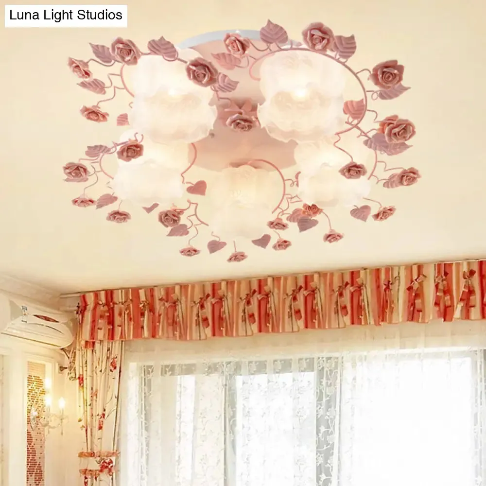 Traditional Floral Glass Ceiling Fixture with Flush Mount for Living Room, 3/5 Bulbs in Pink/Green