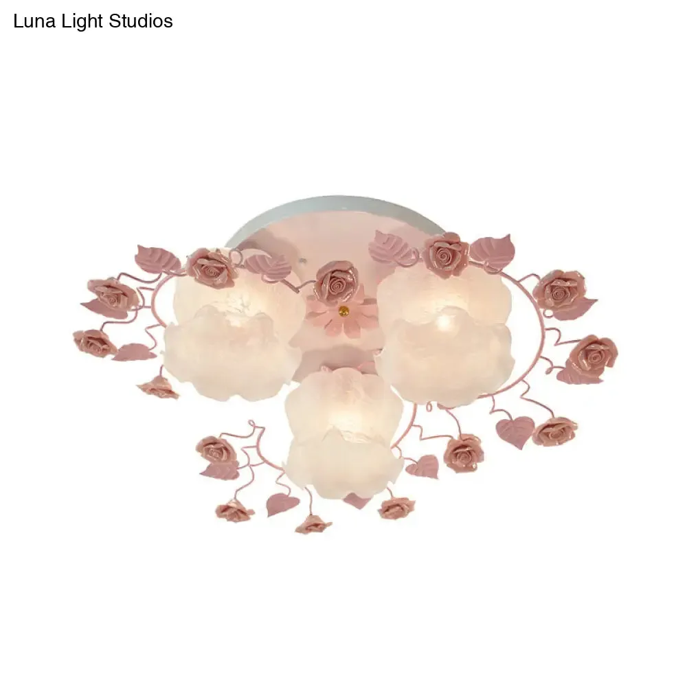 Traditional Floral Glass Ceiling Fixture with Flush Mount for Living Room, 3/5 Bulbs in Pink/Green