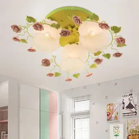 Traditional Floral Glass Ceiling Fixture with Flush Mount for Living Room, 3/5 Bulbs in Pink/Green