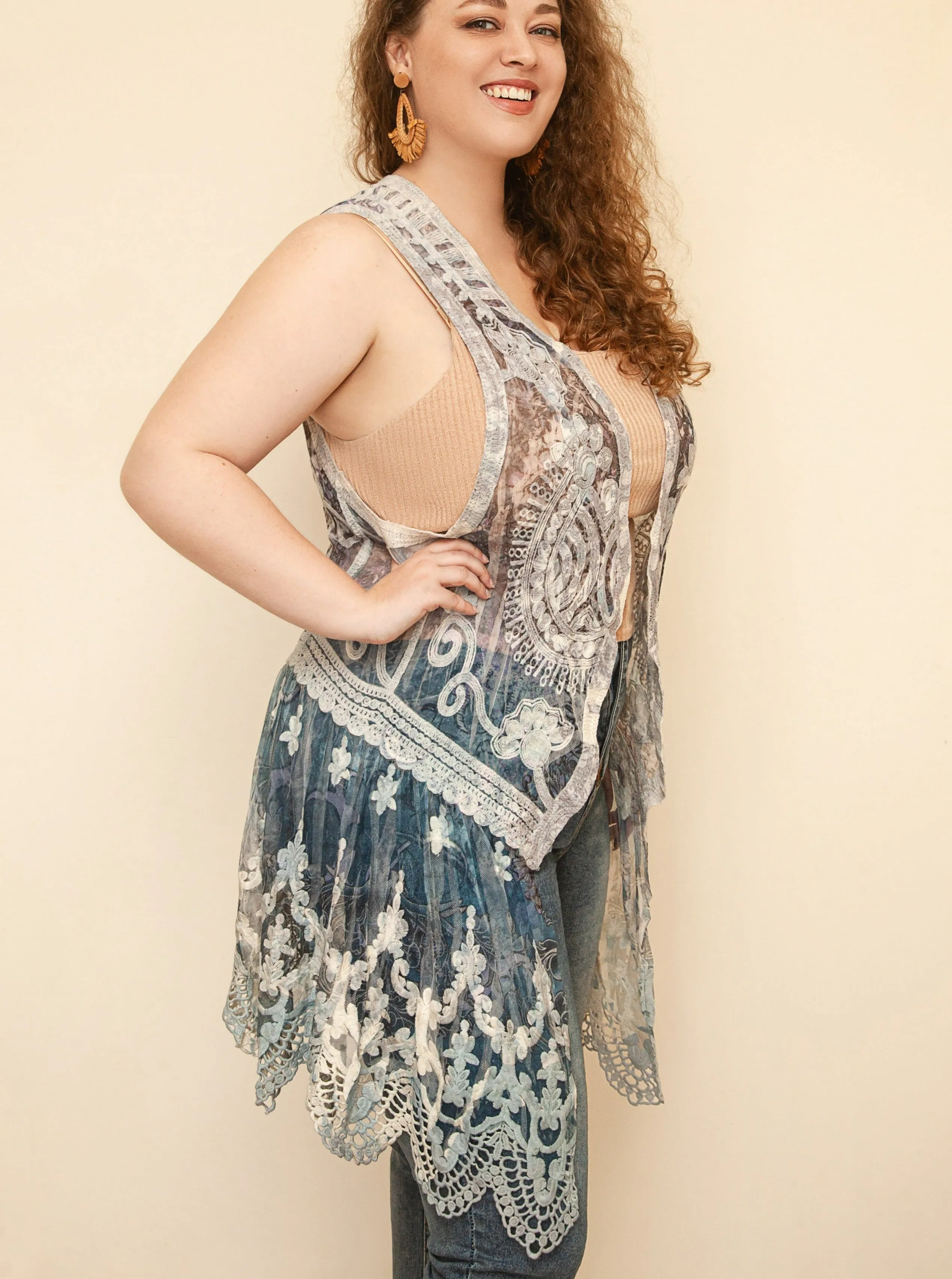 Tranquility Navy Blue Boho Laced Crochet Vest -One Size