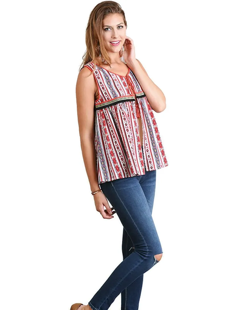 Tribal Print Tassel Tie Vest, Red