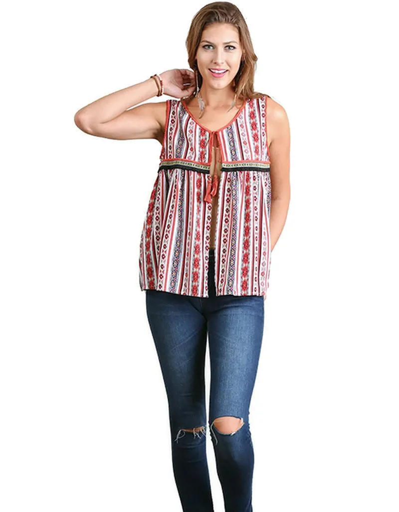 Tribal Print Tassel Tie Vest, Red