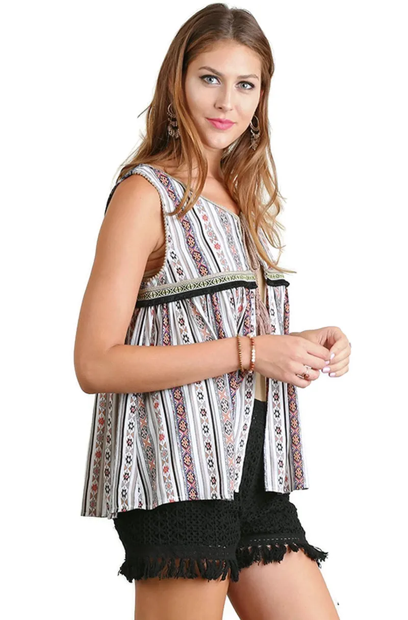 Tribal Print Tassel Tie Vest, Taupe