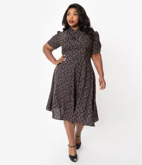 Unique Vintage Plus Size 1940s Style Black Box Print Camilla Midi Dress