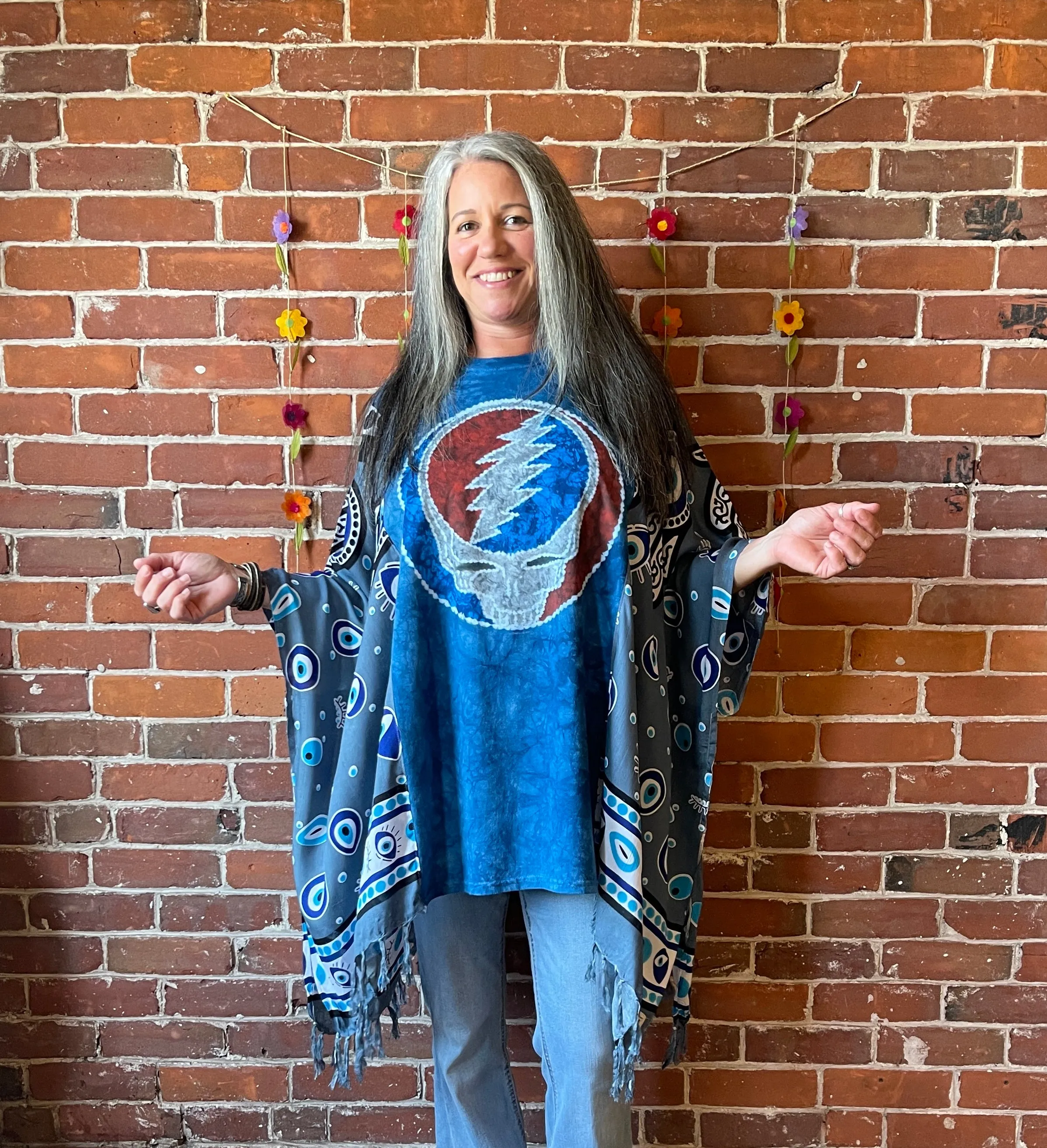 Upcycled Grateful Dead Inspired Batik Long Tunic Poncho Top