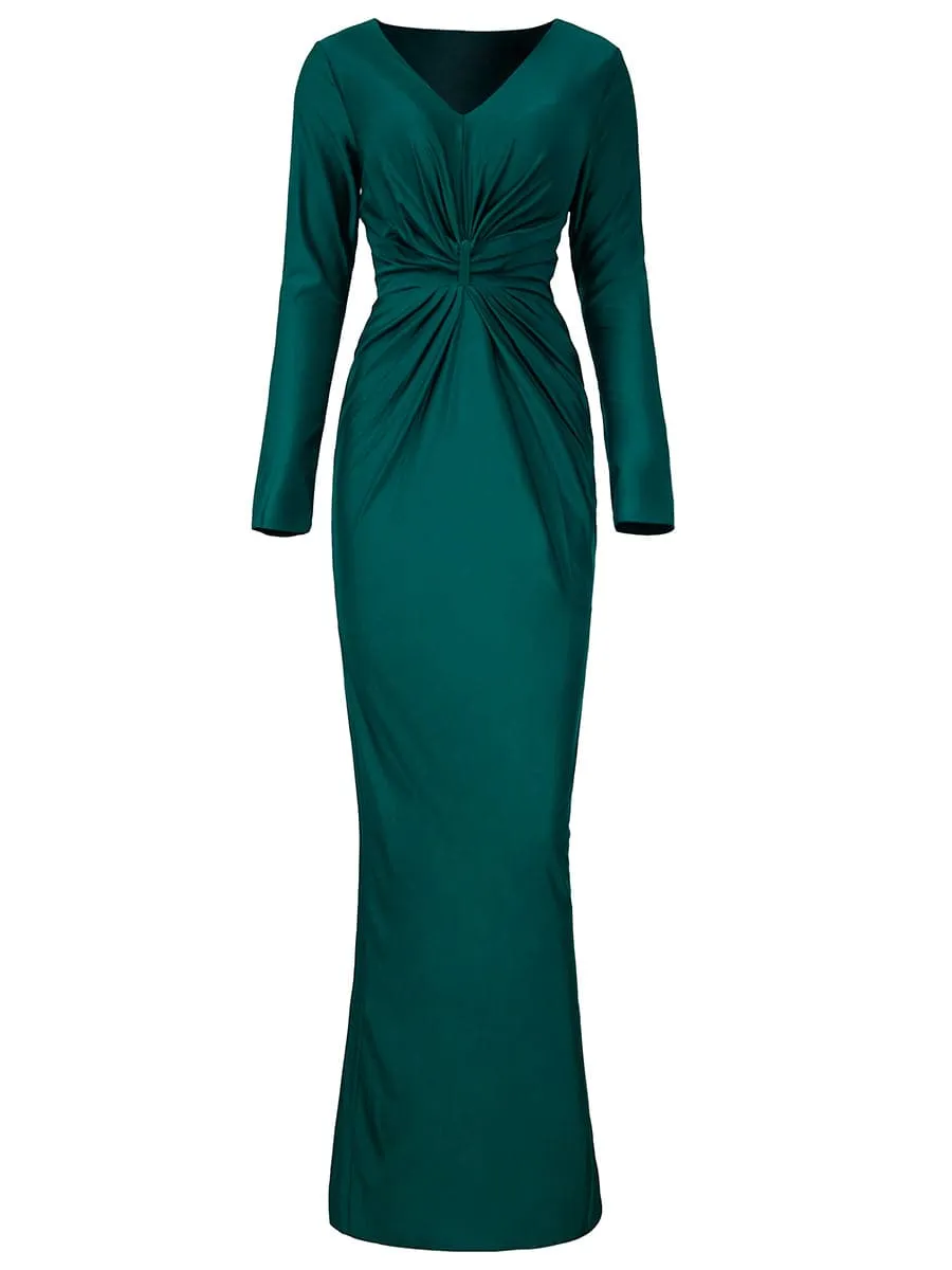 V-Neck Long Sleeve Green Maxi Prom Dress XH2236