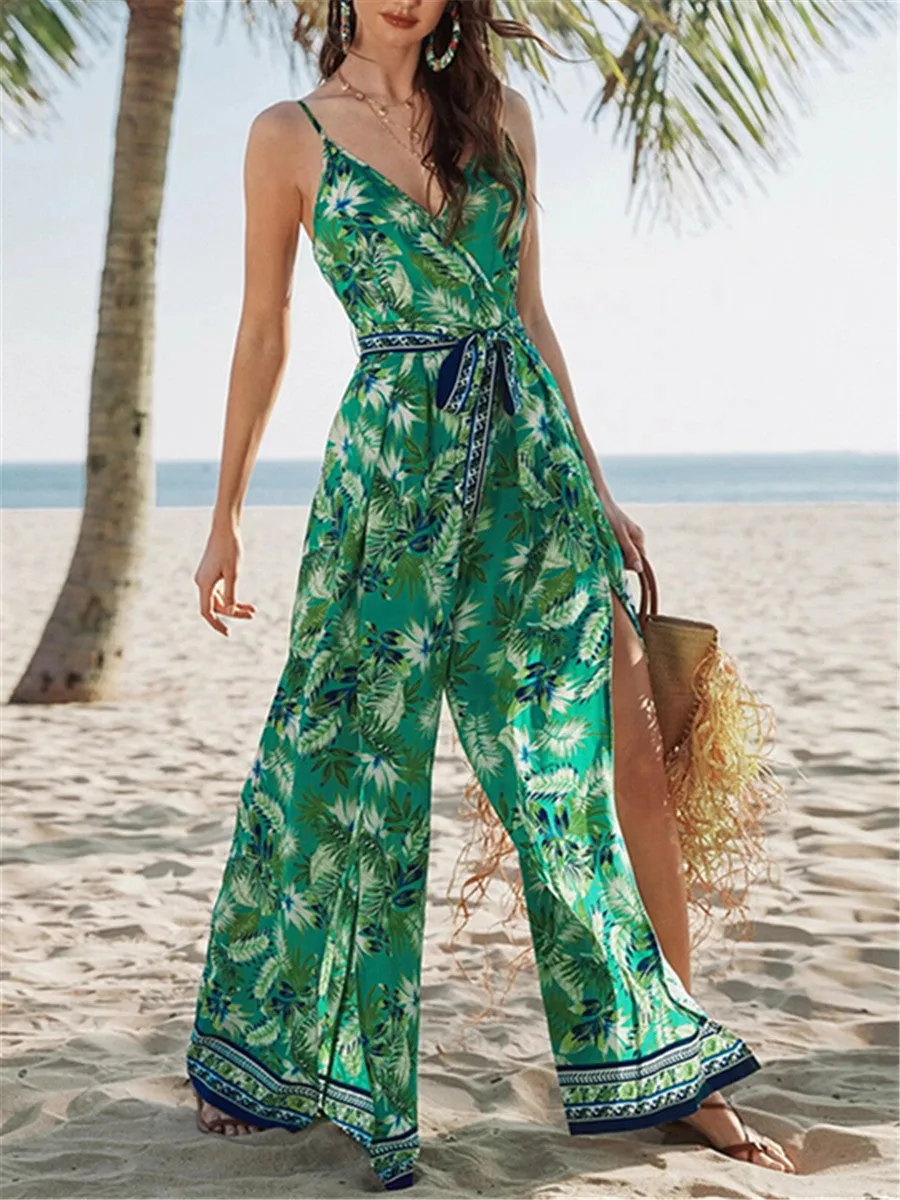 V-neck Plant Print Loose Jumpsuit