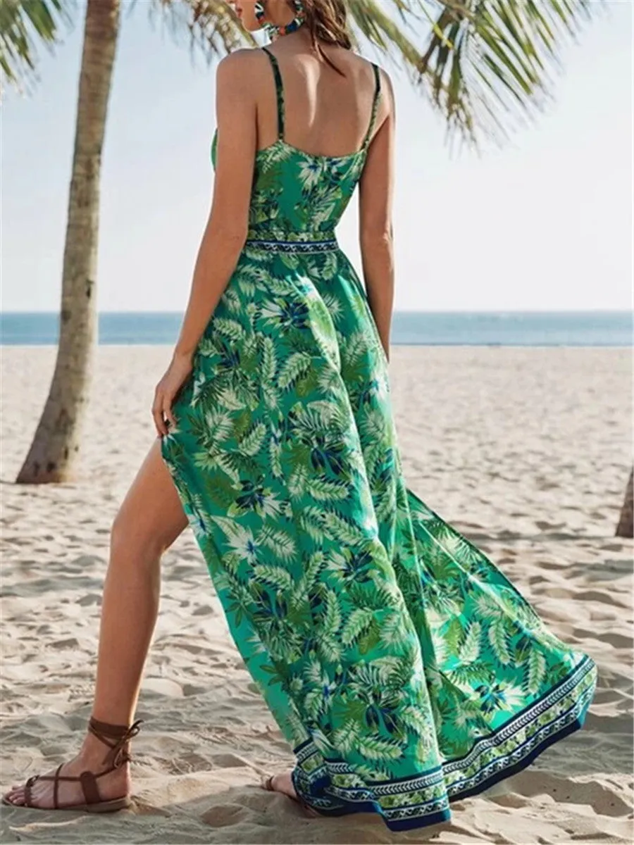 V-neck Plant Print Loose Jumpsuit