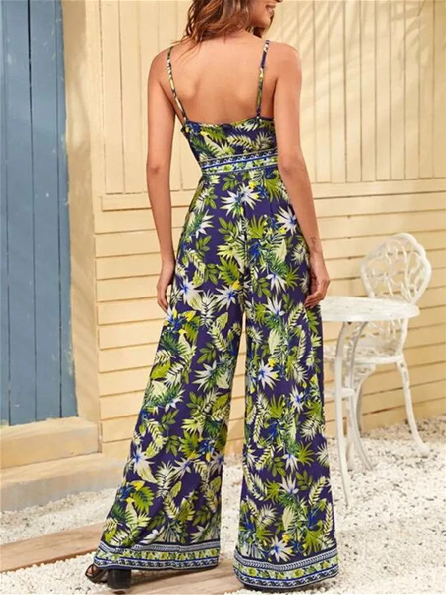 V-neck Plant Print Loose Jumpsuit