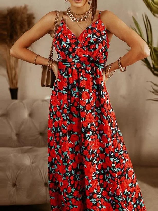 V-neck Sling Floral Bohemian Beach Dress