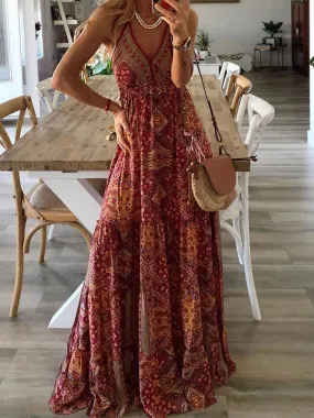 V-neck Strap Bohemian Holiday Print Dress