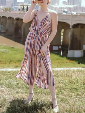 V-neck Stripe Printed Loose Jumpsuit