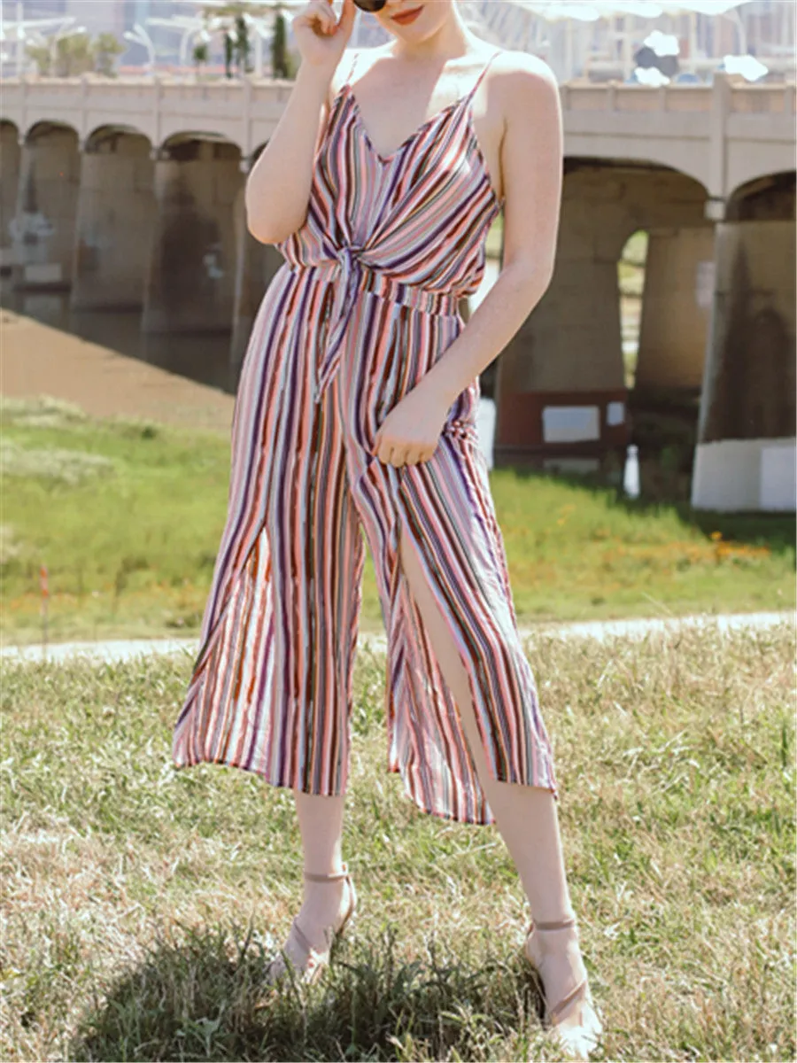 V-neck Stripe Printed Loose Jumpsuit