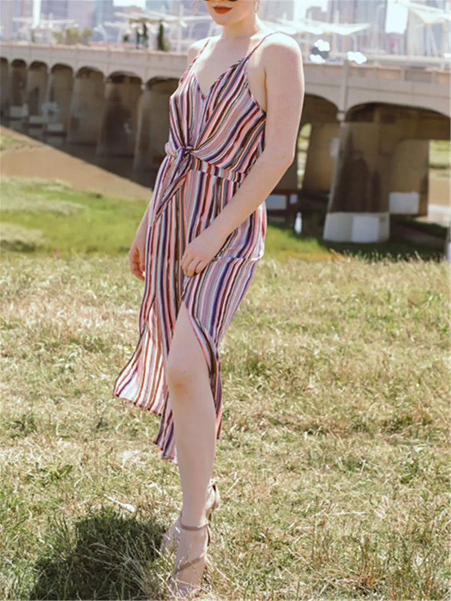 V-neck Stripe Printed Loose Jumpsuit