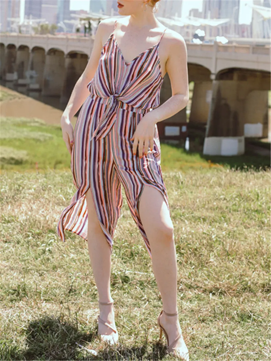 V-neck Stripe Printed Loose Jumpsuit